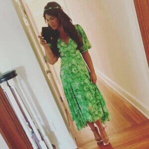 Ganni Green Rose Print Mesh Wrap Midi Dress US 4 (But can fit 4-8)